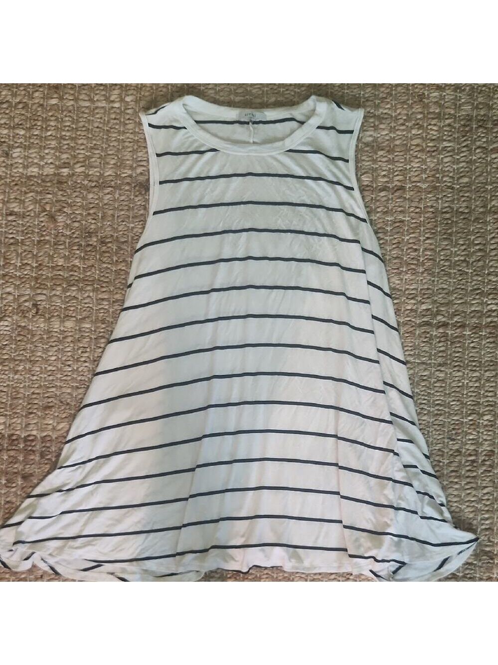 Acemi White and Black Striped Sleeveless Casual Comfy Cool Mini Dress